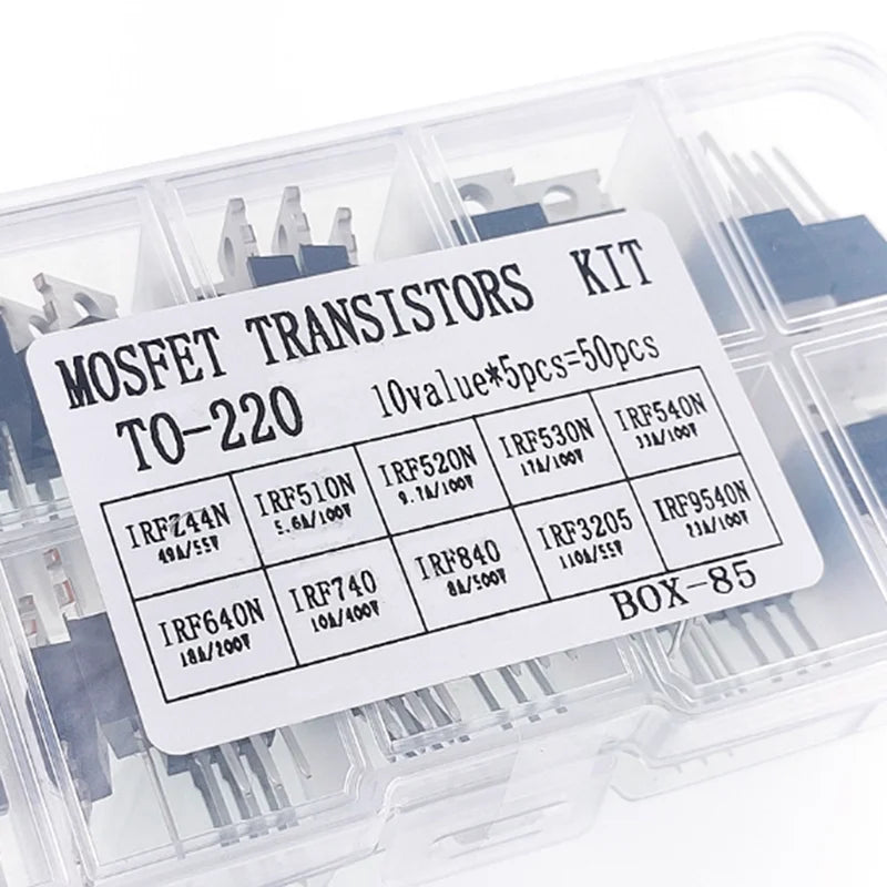 50PCS TO-220 Series MOSFET IRFZ44N IRF640N IRF540N IRF3205, 10 types, 5 of each.