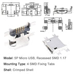 100/1000PCS Micro USB Android Female Charging Socket, Flat Edge Crimped Type, 5Pin, 4 Mounting Pins, SMD & DIP Tail Connector