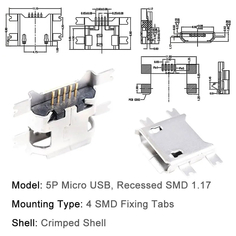 100/1000PCS Micro USB Android Female Charging Socket, Flat Edge Crimped Type, 5Pin, 4 Mounting Pins, SMD & DIP Tail Connector
