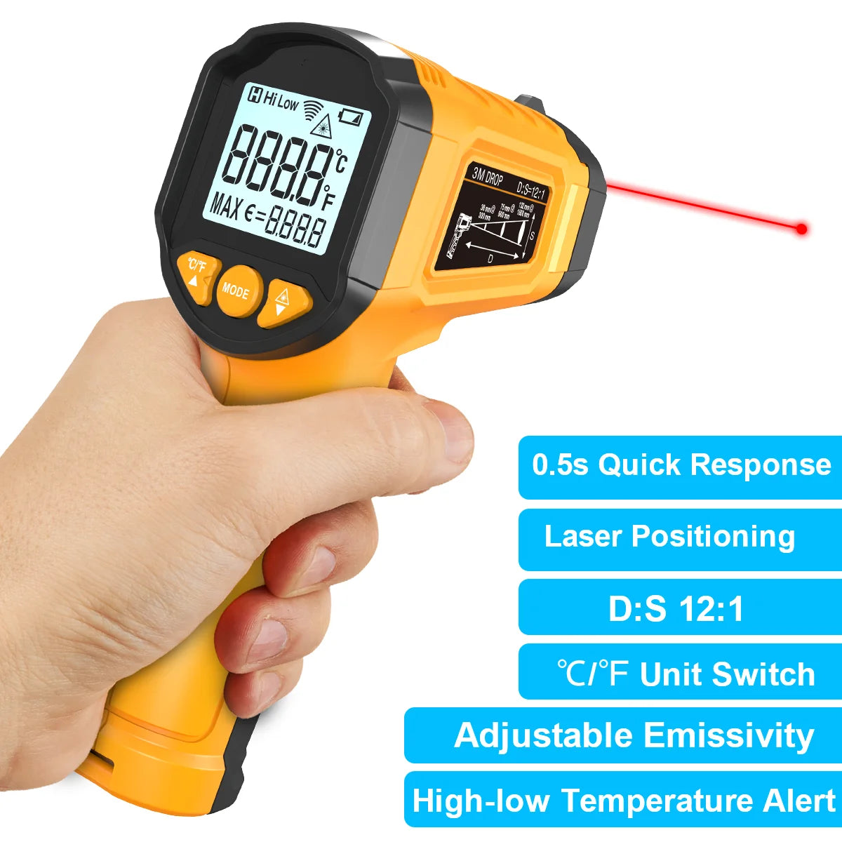 TS600 Infrared Thermometer Digital Temperature Gun Laser Non-contact Temp Reader IR Temperature Sensor Adjustable Emissivity