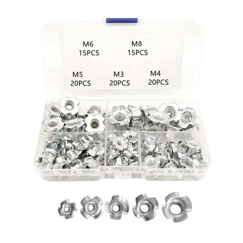 90Pcs M3-M8 Four Prong T-Nuts Kit, Blind Insert Captive Nuts for Wood Furniture, Assorted Woodworking Hardware