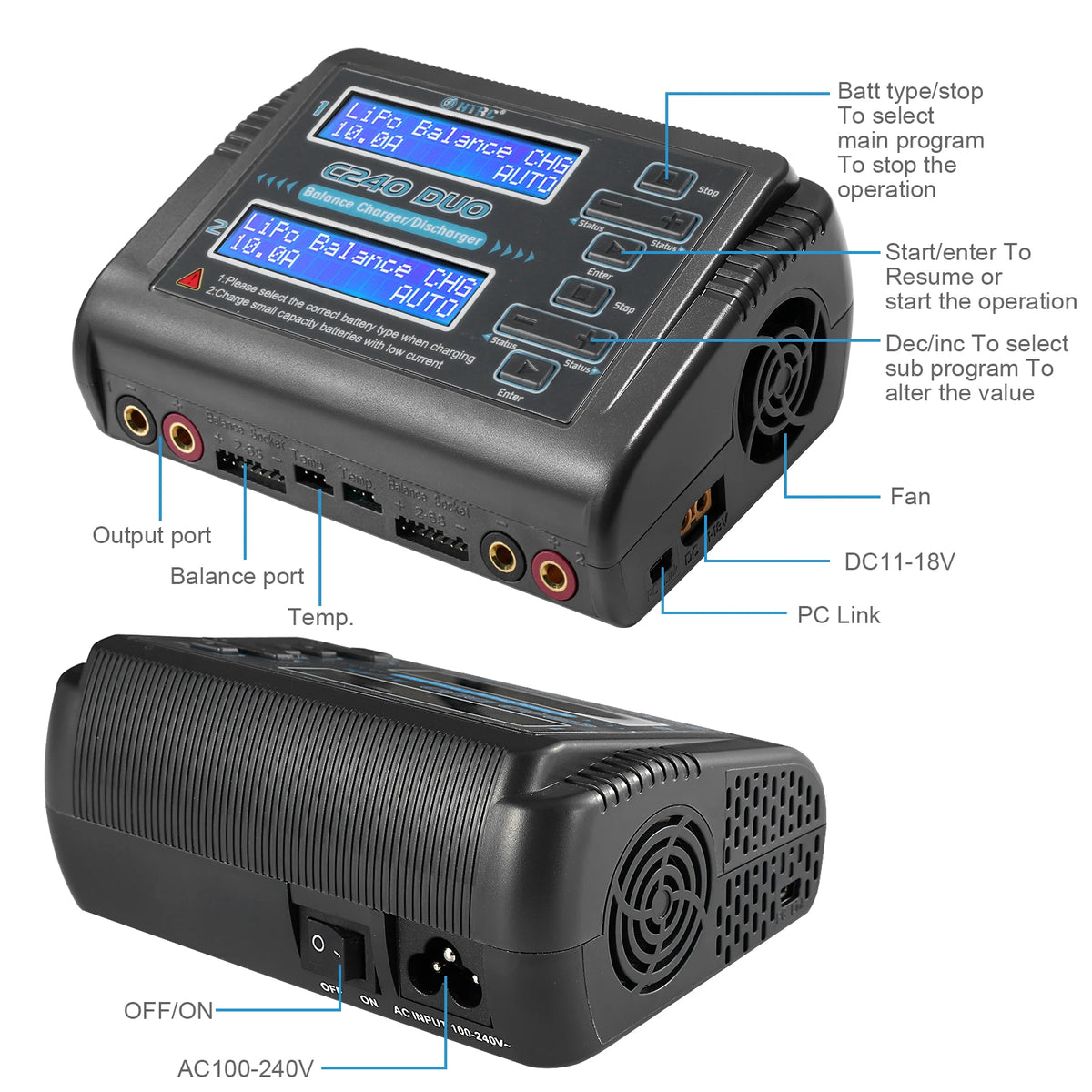 HTRC 400W/240W RC Charger  Dual Channel AC DC Charger Discharger for LiPo LiHV LiFe Lilon NiCd NiMh Pb Battery Balance Charger