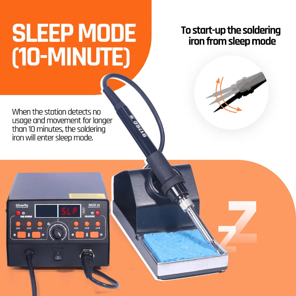 Silverflo 902D-III Soldering Station 2 in 1 Hot Air Soldering Station Rework Station with 3 Preset Channels for SMD PCB Repair