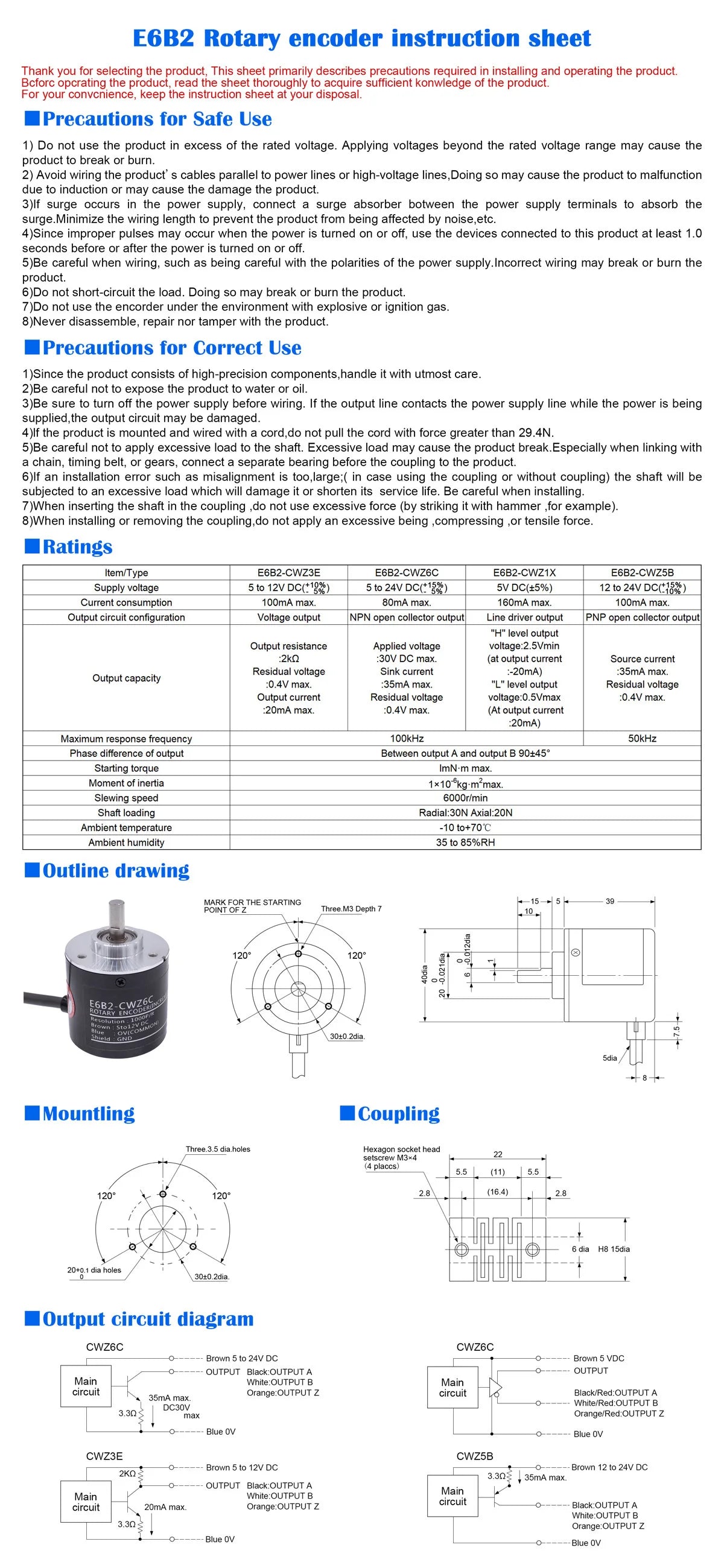 NEW Rotary Encoder E6B2-CWZ6C 10 20 30 40 50 60 100 200 300 400 500 600 800 1000 1024PR 1200PR 5to24VDC E6B2 CWZ6C