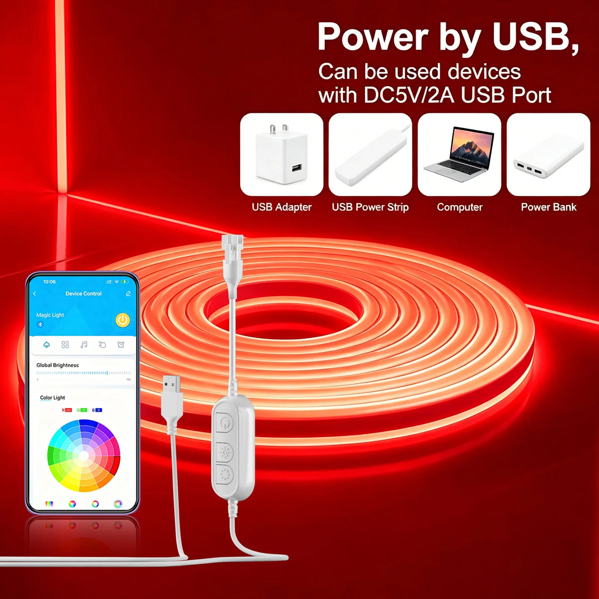 5M RGB Color Changing Neon Light Strip, Waterproof Flexible LED Neon Rope, USB Powered, APP & Manual 3 Keys Control for Indoor Outdoor Home Party Decoration