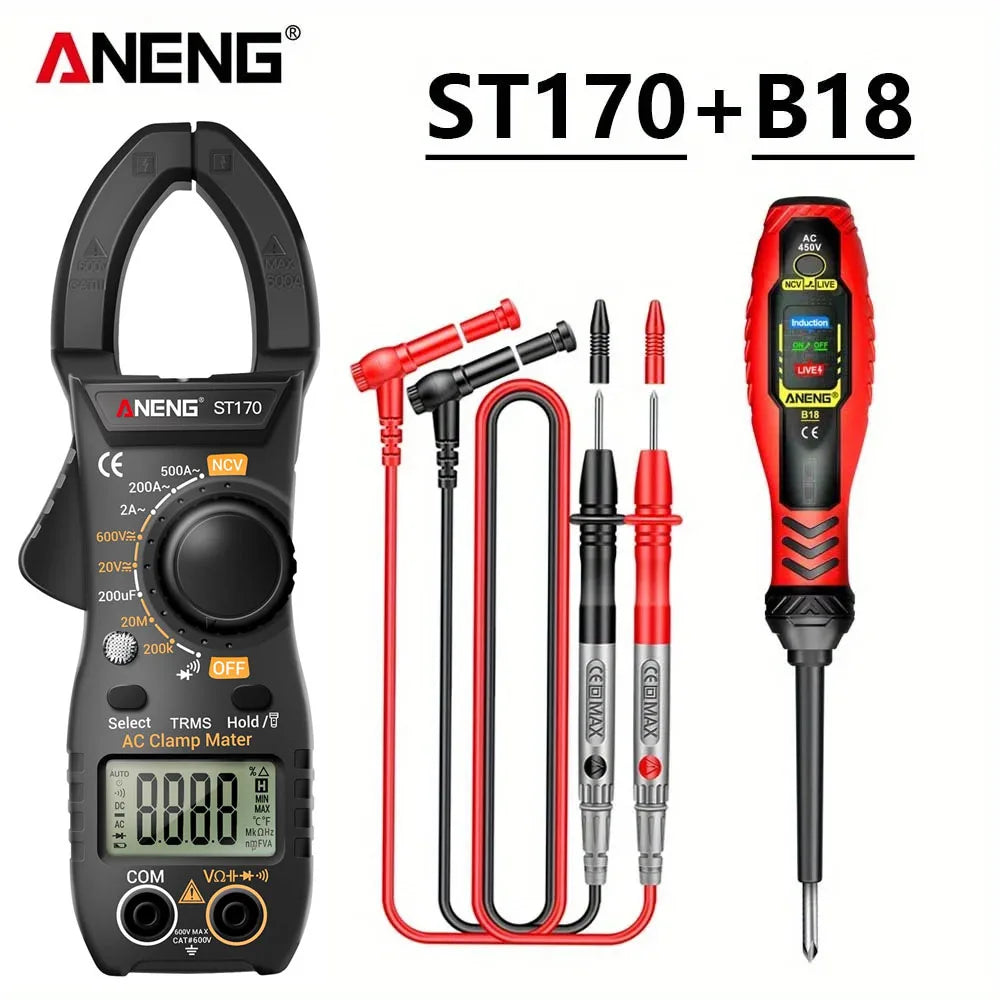 ANENG ST170 Clamp Meter Digital Multimeter Tester 500A AC Current AC/DC Voltage+B18 Highlight Voltage Tester Pen Electrician Set