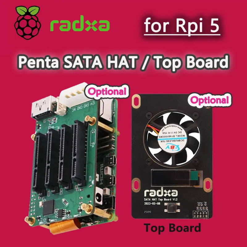 Penta SATA HAT / Top Board /Set Optional, For Raspberry Pi 5 -Up to 5x SATA Disks HAT