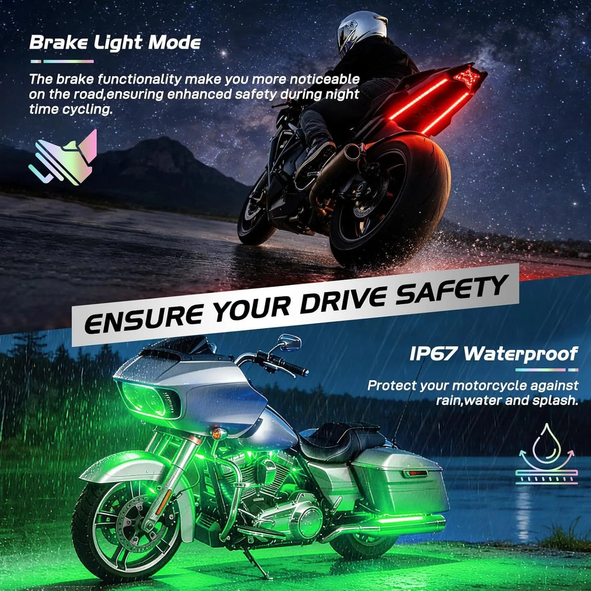 Nilight 8PCS Motorcycle RGB Led Light Kit Waterproof Multi-Color Atmosphere Lights Lamp with 4Key RF Wireless Remote for Harley Davidson Honda Kawasaki Suzuki
