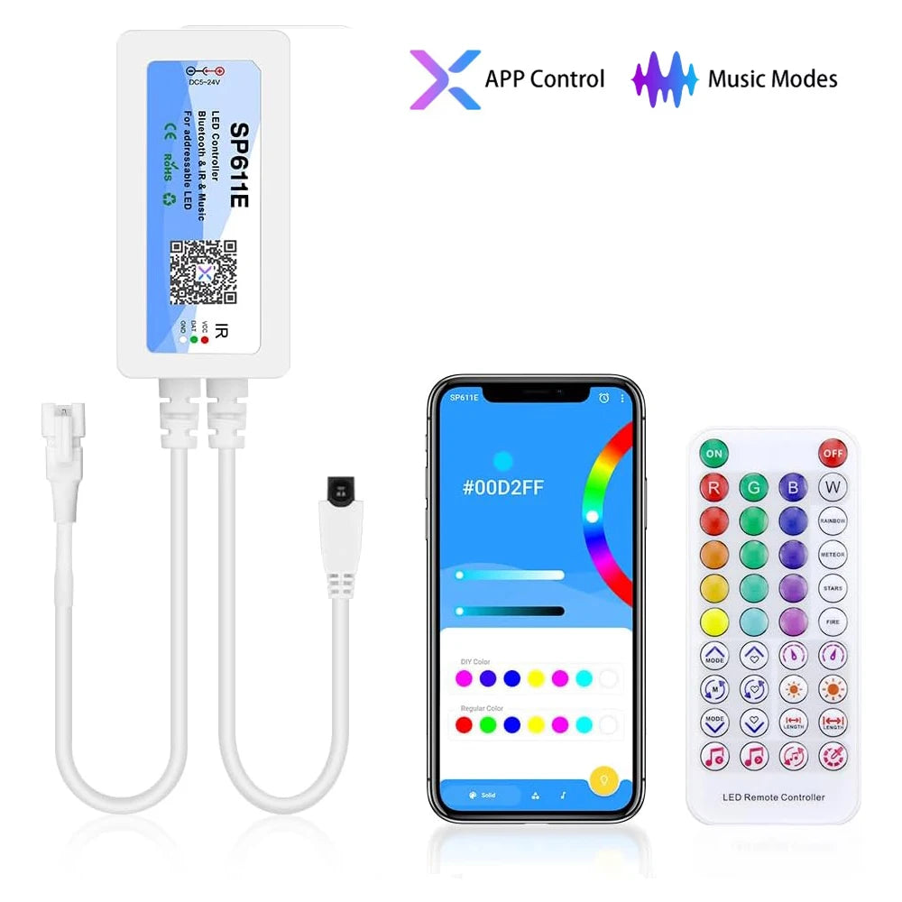 Wholesale SP611E DC5V-24V WS2812B WS2811 Bluetooth Music LED Strip Controller IR38 Keys Remote APP For Addressable LED Lighting