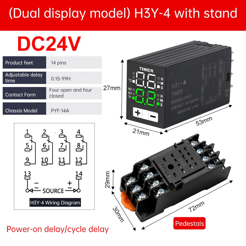 H3Y-4 DC12V DC24V AC220V Liquid Crystal Time Relay Dual Time with Base Small Digital Display Cycle Time Control Delayer