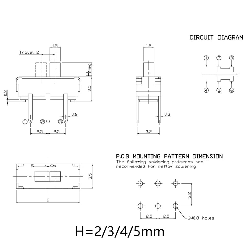 10PCS 6Pin DIP Mini Slide Switch 2Position Micro Toggle Switch 2P2T 9.0X3.5mm H=2/3/4/5mm Vertical Slide Switch MSS-04A