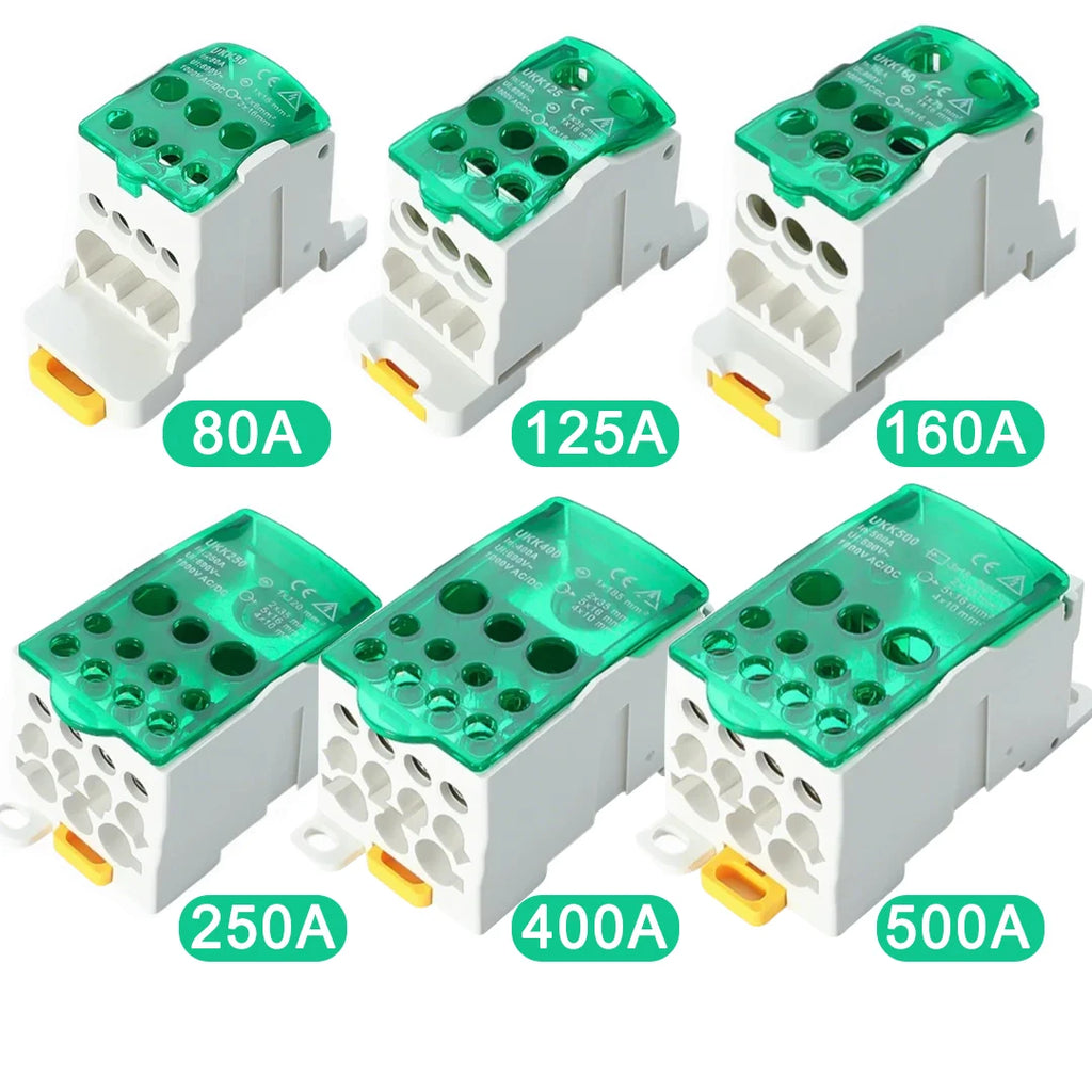 UKK 80A-500A High Current DIN Rail Power Distribution Block One Input Multiple Output Electrical Terminal Connector ```