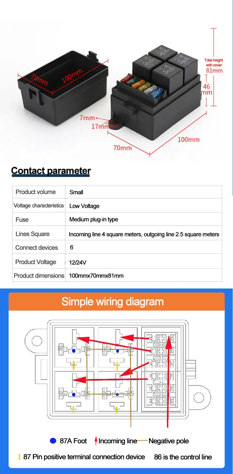 12V/24V 40A 4/5 Pin 6-Way Fuse Relay Box, 4 Relay Holder Standard ATO Fuse Block with Free Assembly for Car Motorcycle