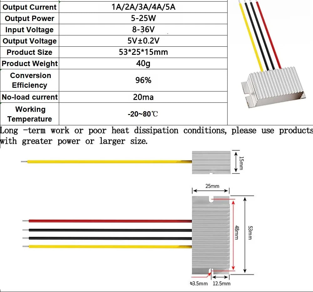 24V to 5V1A-5A 12V to 5V 5A 25W Power Converter Input Voltage 8-36V DC Step-down Module Buck to 5V Switching Power Supply