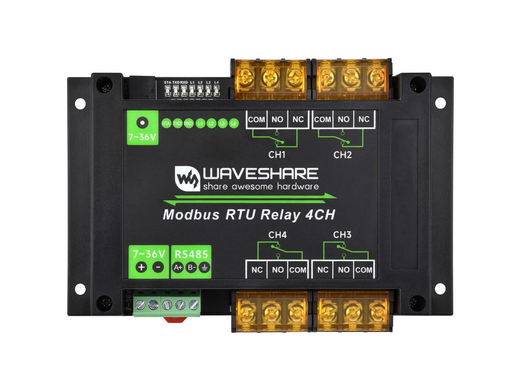Waveshare Industrial Modbus RTU 4-ch Relay Module with RS485 Interface, 30A High Current, Onboard LED Indicators