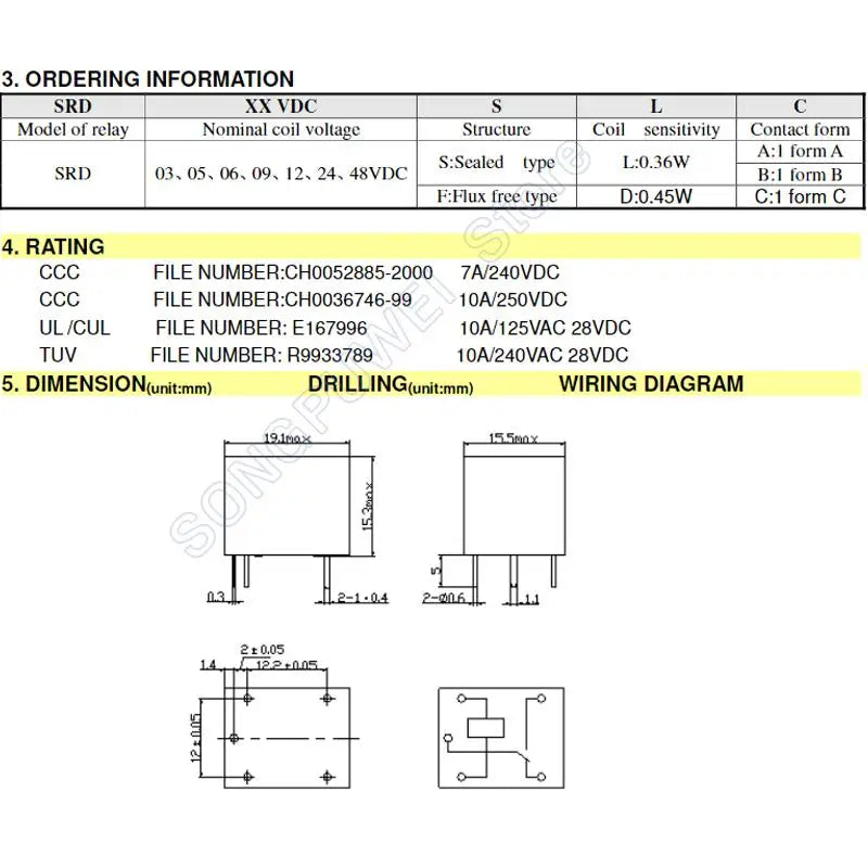100Pcs/lot SRD-05VDC-SL-C SRD-12VDC-SL-C SRD-24VDC-SL-C SRD -03V 05V 06V 09V 12V 24V 48V DC Power Relays 10A 250VAC 5PIN T73