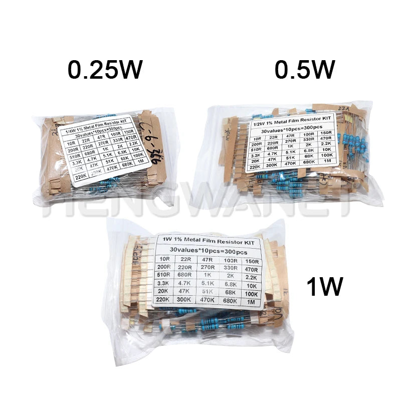 300PCS 1W 1/2W 1/4W 10R - 1M Ohm Resistance Set 1% Metal Film Resistor Assortment Kit 30Kinds*10pcs=300PCS