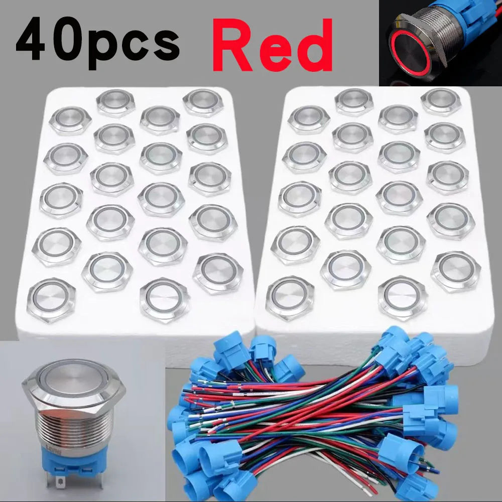 40pcs 22mm Push Button Switch Latching Momentary Metal PC Power LED Light On Off with Wire Waterproof 12v 3v 5v 6v 24v 220v Red