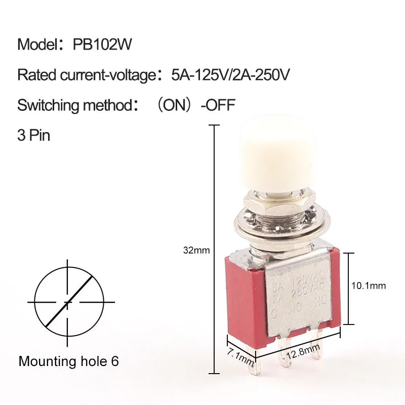 5PCS 3Pin C-NO-NC Reset Latching Toggle Switch Automatic return Push Button (ON)-OFF 5A125V/2A250V 6mm Mini Toggle Switches