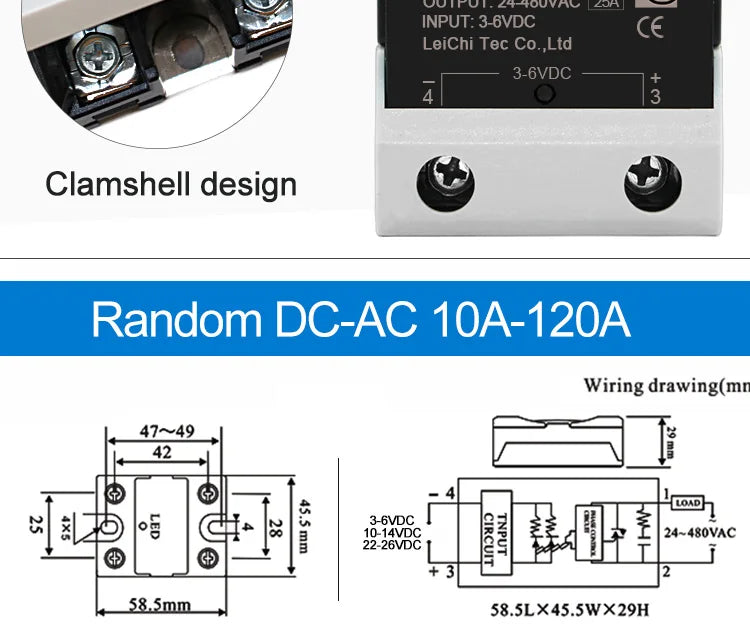 LCTC SSR Random Solid State Relay 10A 25A 40A 60A 80A 100A 120A DC Control AC Single Phase Control 3-6VDC 24-480VAC