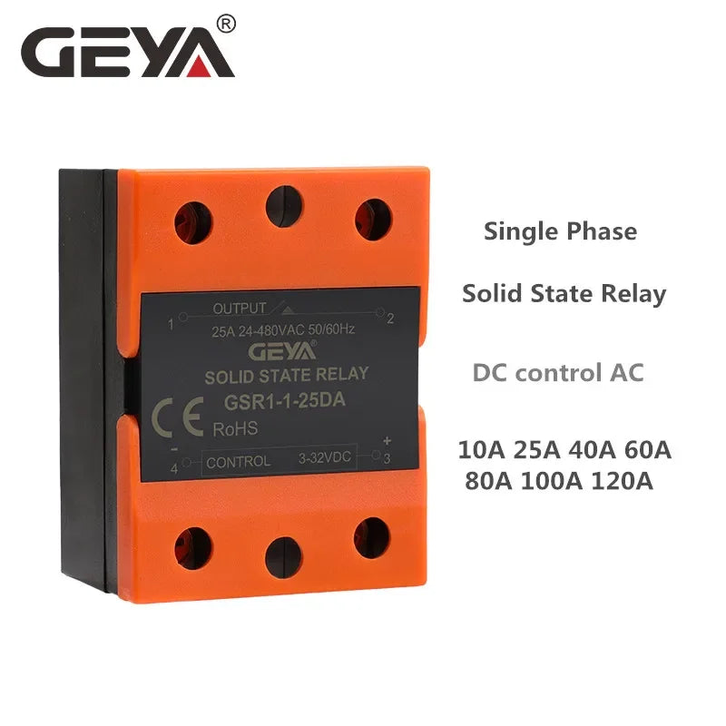 GEYA GSR1-1 Solid State Relay DC-AC DC-DC AC-AC Single Phase SSR 10A 25A 40A 60A 80A 100A 120A Without Cover