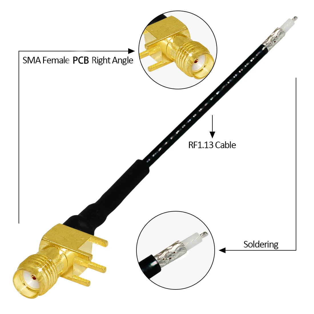 1PC SMA Female Jack Right Angle PCB Connector 1.13mm Cable Other End UFL/ No Connector/Exposed/Fork Soldering 15cm Customized
