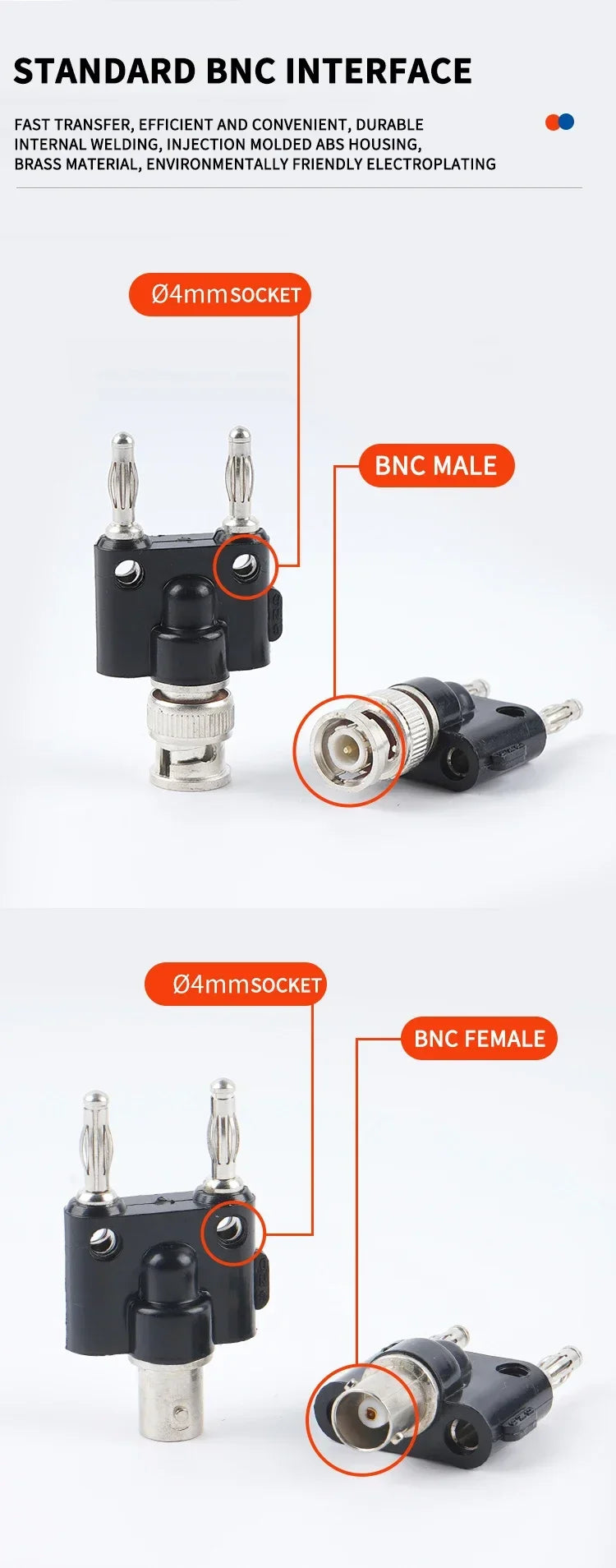 Coaxial RF Adapter: BNC Banana to Two 4mm Banana Male Female Jack 3Way Splitter