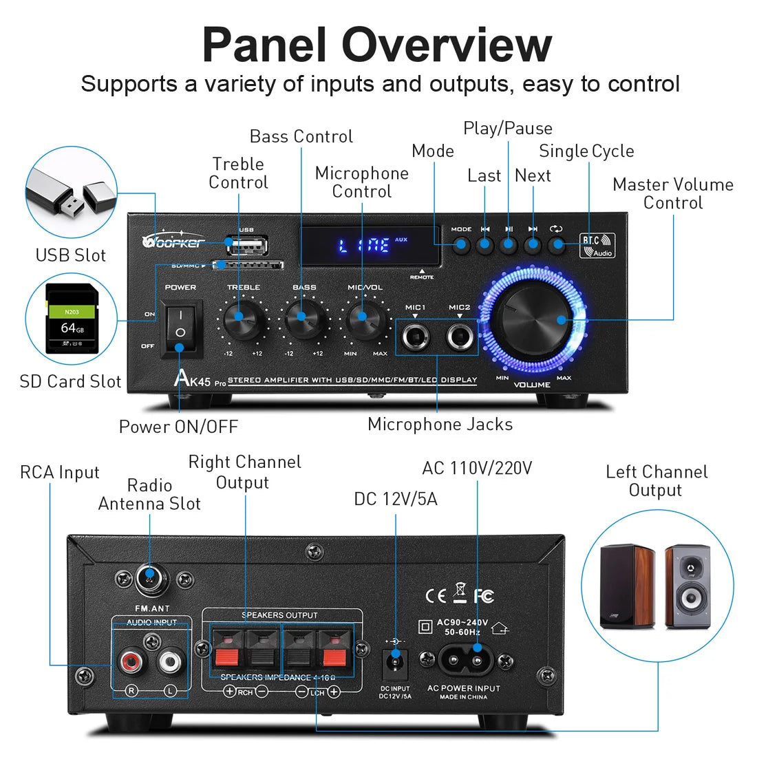 Woopker AK35/AK45 Pro/AK55 Digital Amplifier Bluetooth Sound Amplifier 2 Channel HIFi FM USB Audio Amp For Home Car Karaoke