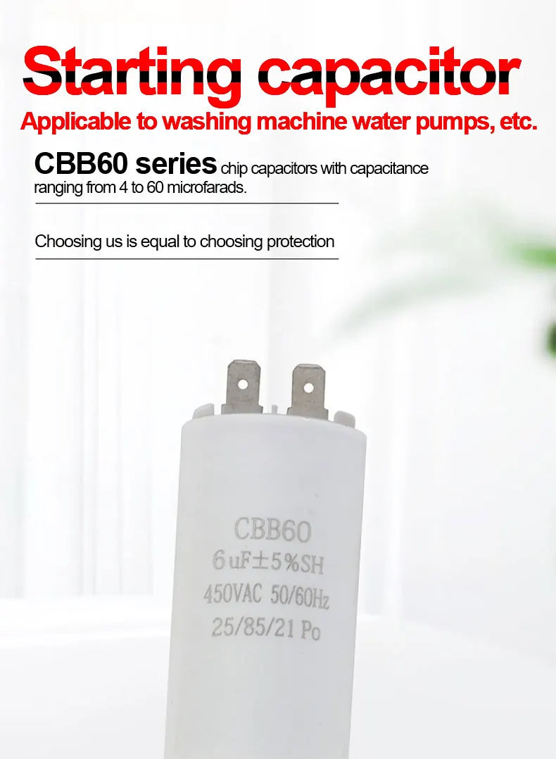 CBB60 Washing Machine Pump Starting Capacitor:4uf,5uf,6uf,8uf,10uf,12uf,14uf,15uf,20uf,25uf,30uf,35uf,40uf,45uf,50uf,60uf 450VAC