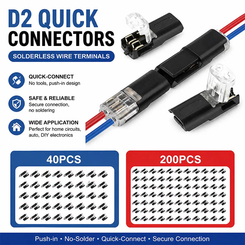 40/200Pcs D2 Quick Wire Connectors Solderless Push-in Terminal Blocks Electrical Cable Connector for Home DIY Automotive Repair