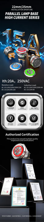 LANBOO 22mm 15A 2NO High Current Push Button Switch with LED 24V 220V Momentary Latching