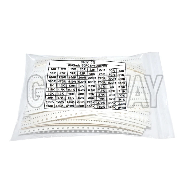 4000pcs 0402 SMD Resistor Kit Assorted Kit 10ohm-1M ohm 5% 80valuesX 50pcs=4000pcs Sample Kit
