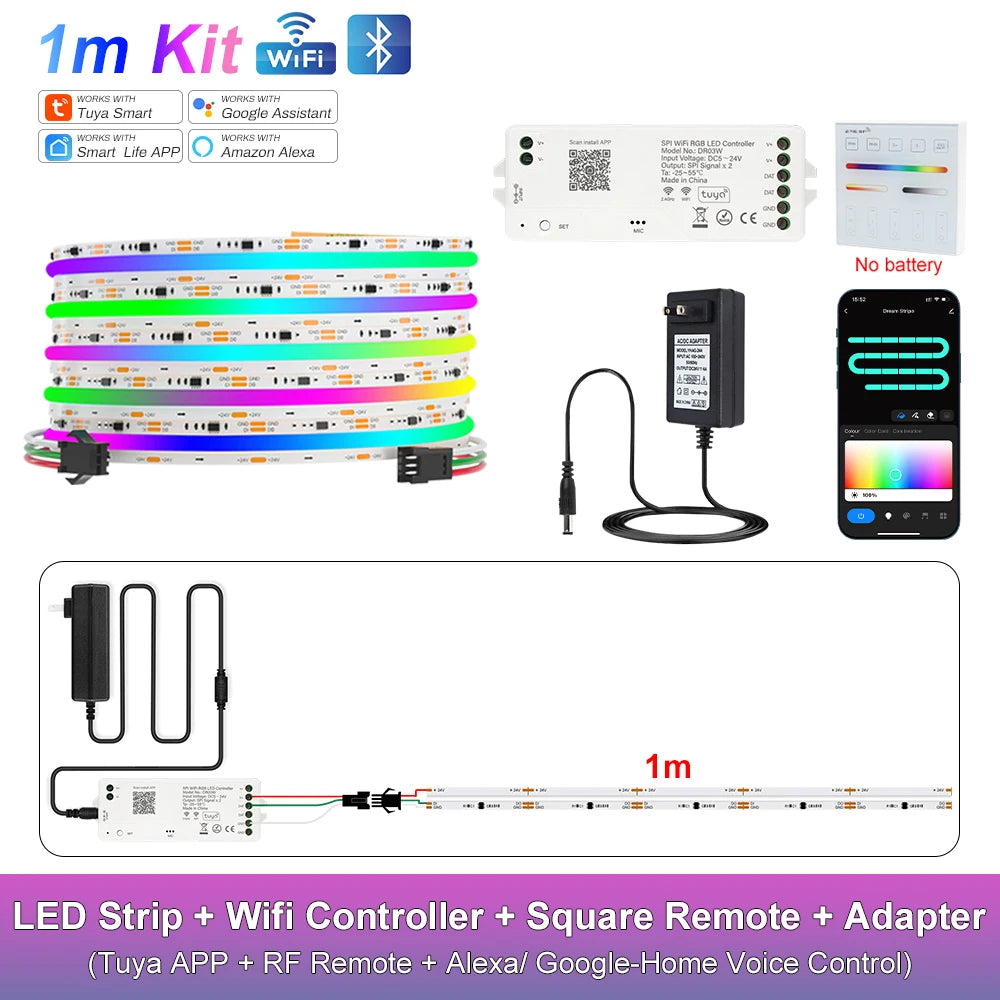 RGB-IC COB LED Strip with Tuya Wifi Controller 2.4G Remote Alexa Google Home Rainbow Color Addressable LED Tape 10m 20m 25m Kit
