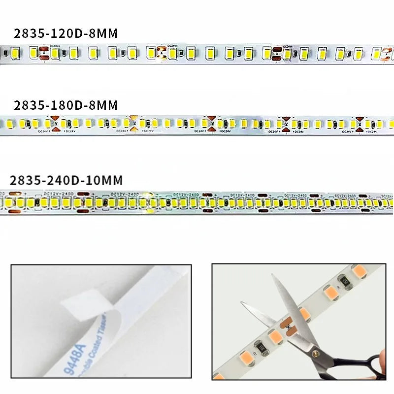 1/2/3/5/10m/lot 10mm PCB 2835 SMD 1200 LED Strip tape DC12V 24V ip20 Non waterproof Flexible Light 240 leds/m,180 leds/m,