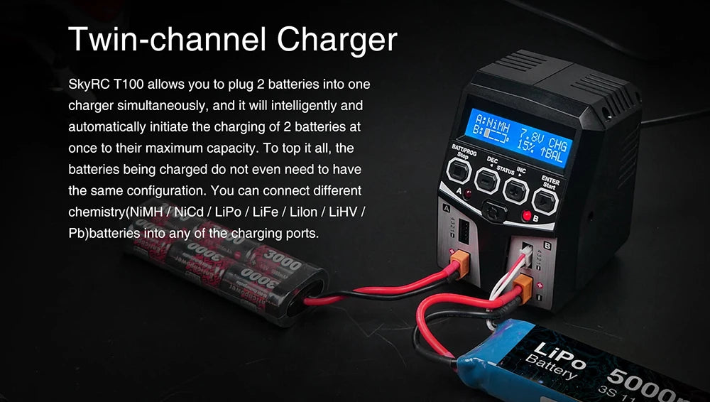 SKYRC T100 AC Lipo Battery Balance Charger Dual 5A 2X50W for 2-4S NiMH / NiCd / LiPo / LiFe / Lilon / LiHV  RC Car Charger