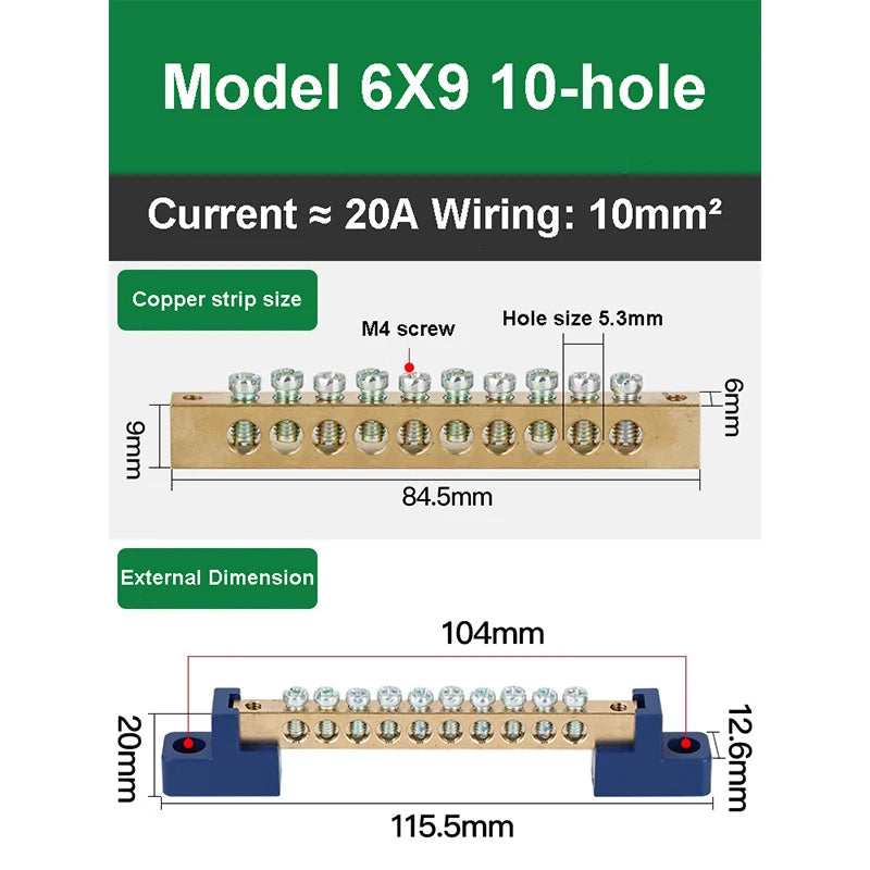 019 Series 6*9 8*12 4/6/8/10/12/14/16 Hole Zero Ground Row Copper Bar Connection Terminal Wiring Terminal of Distribution Box