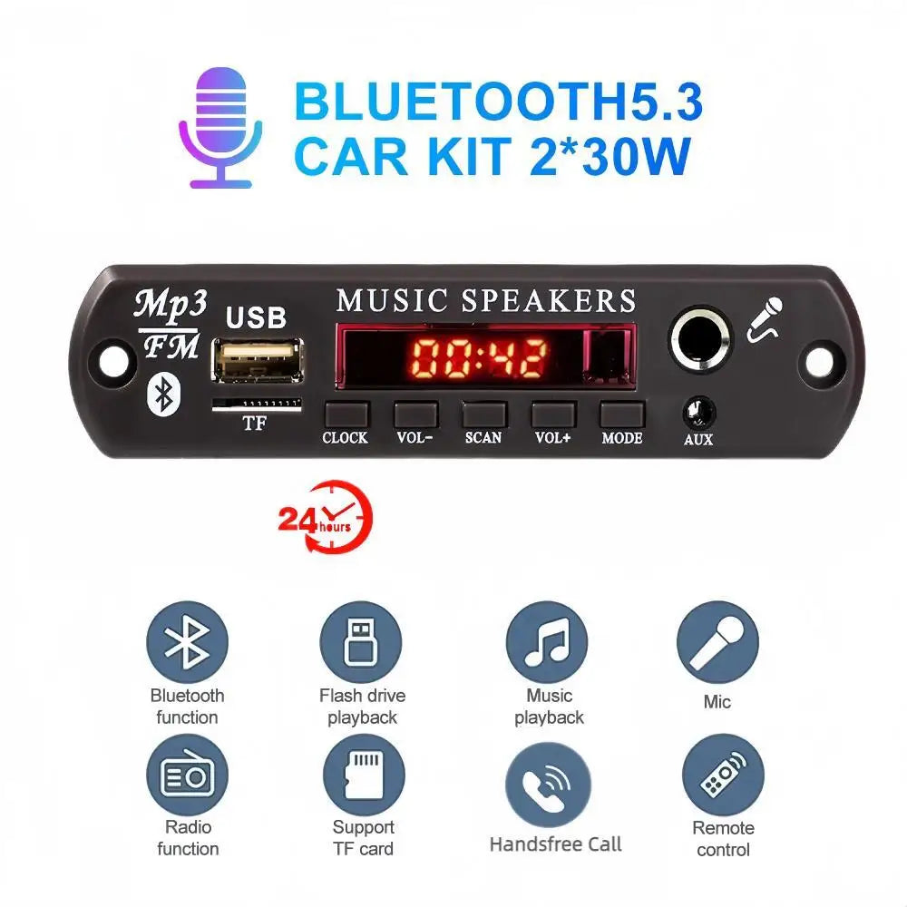 30W 60W Amplifier 12V MP3 Decoder Board Bluetooth 5.3 Stereo Audio DIY Car MP3 Player FM Radio TF USB 6.5mm Mic Jack Record Call