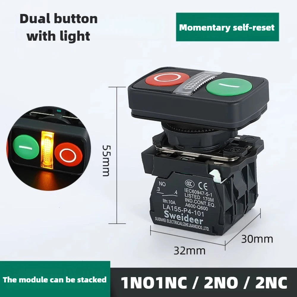 XB4 22mm Emergency Stop Button Switch Double Button Switch with Light Momentary Self Reset Mushroom Power Push Button Switch 10A