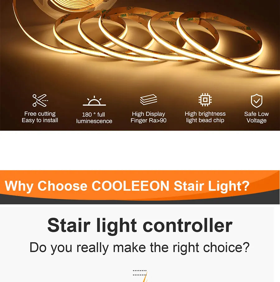 COB LED Strip PIR Motion Sensor Stair Lights Kit Step by Step Control Indoor Smart Staircase Lighting Controller with Main Line