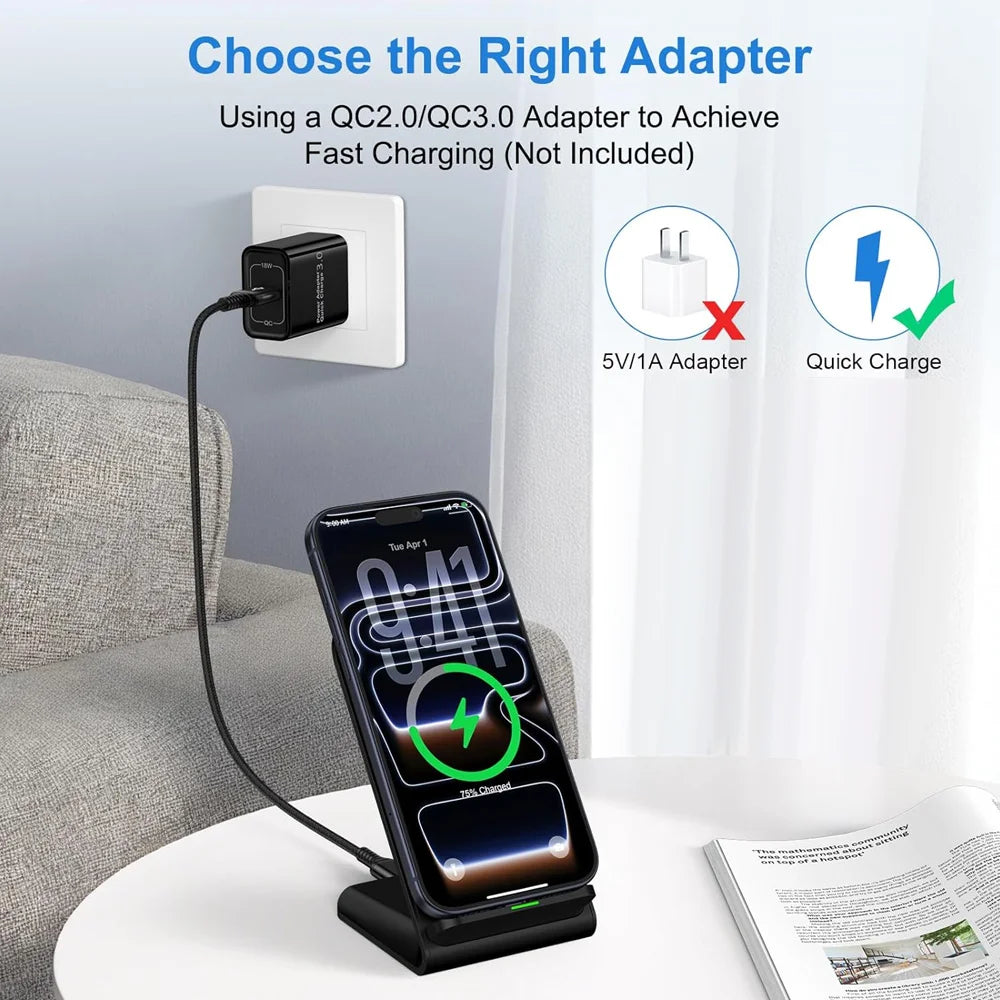 30W Fast Wireless Charger Stand Pad for iPhone 17-11/XR, Samsung Galaxy S25/S26/S21/S20, Xiaomi, Huawei & All Qi-enabled Phones