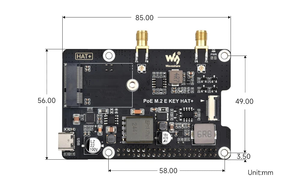 Waveshare PCIe To M.2 E KEY Adapter With PoE Function, Compatible With NGFF (M.2 E Key) Wireless NIC, Raspberry Pi 5 PCIe HAT