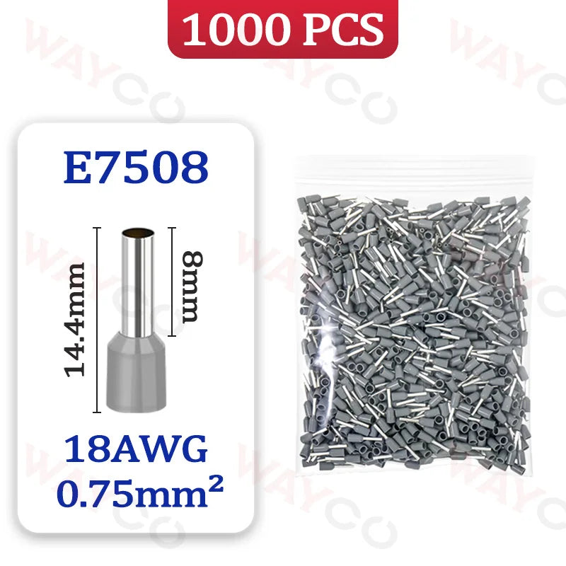 1000PCS Tubular Crimp Terminals Electrical Wire Cable Ferrules Connectors E0508 E7508 E1008 E1508 E2508 E4009 E6012 Ring Sleeve