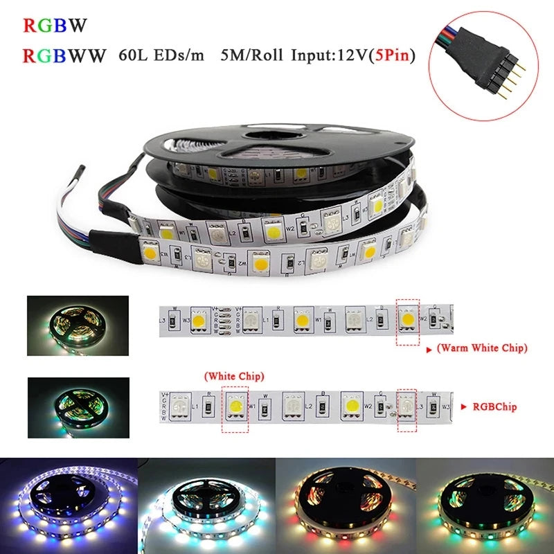 Led Strip Light 2835 5050 None Waterproof Ip65/Ip20 12V 5 Meters Warm White Red Green Blue Rgbw Rgbww Yellow Tape Ribbon Lamp
