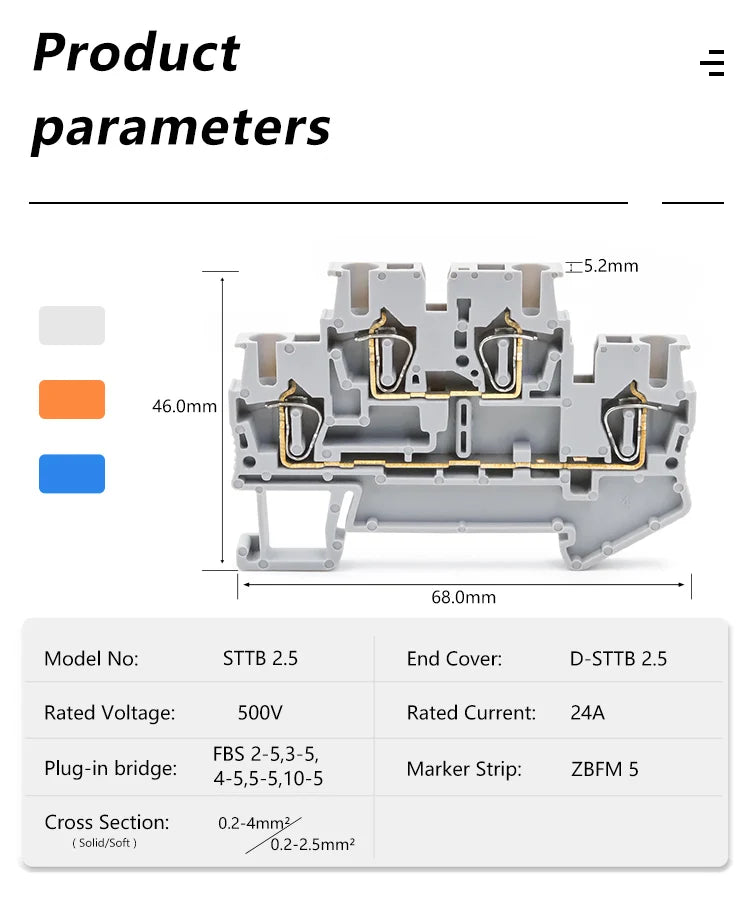 STTB 2.5 DIN Rail Terminal Block 50Pcs, Double Layer 2.5mm² Spring Clamp Compact Electrical Connectors for Industrial