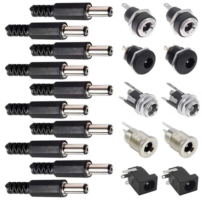 10Pairs DC Power Supply Jack Socket Female Panel Mount Connector 3-Pin 5.5x2.1mm 5.5mm*2.5mm Male DC Power Plug