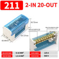 UK207/211/215/407/411/415 DIN Rail Terminal Block, 125A Distribution Box 1/2 In Several Out, Electrical Junction Box