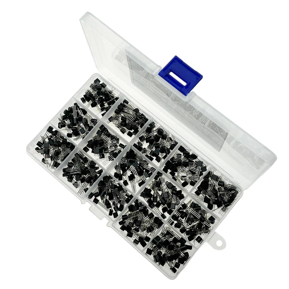 600pcs Transistor Kit  A1015 C1815 C945 S8050 S8850 2N2222 2N3904 2N3906 2N5401 2N5551 PNP NPN S9012-S9015 S9018 15 Kinds