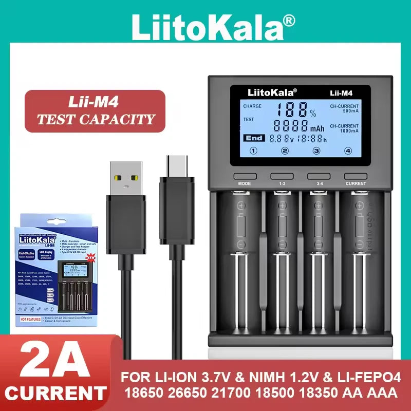 LiitoKala Lii-M4 M4S 18650 LCD Display Smart Charger Test Capacity Suitable For 3.7V 26650 18350 21700 18500 1.2V AA AAA 4 Slots
