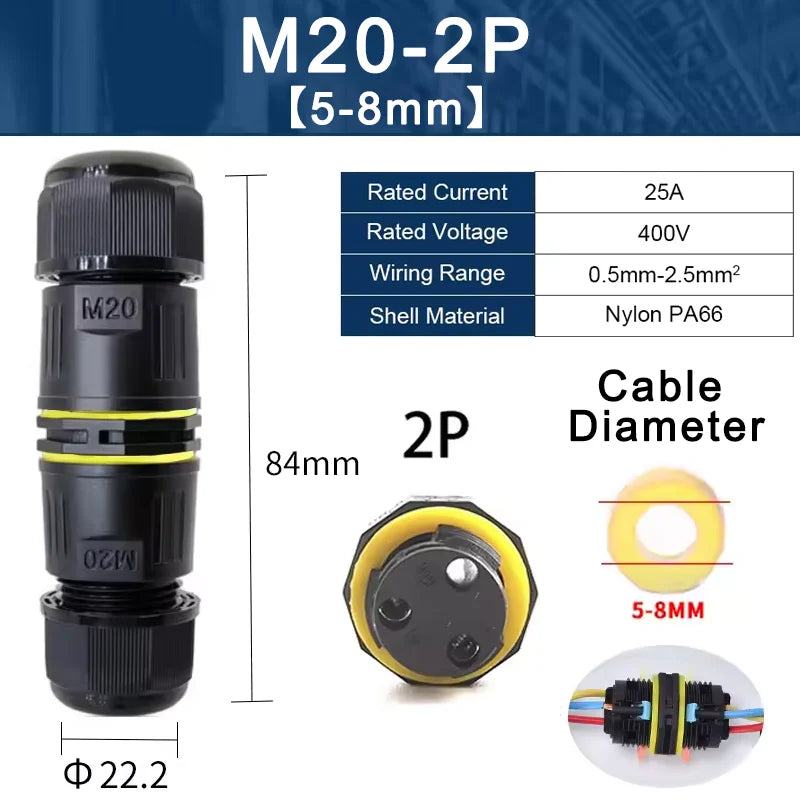 IP68 M20 Waterproof Connector Electric Junction Box 2/3Pin Screw Connection Solderless for 5-12mm Cable,Adapter Terminal Outdoor