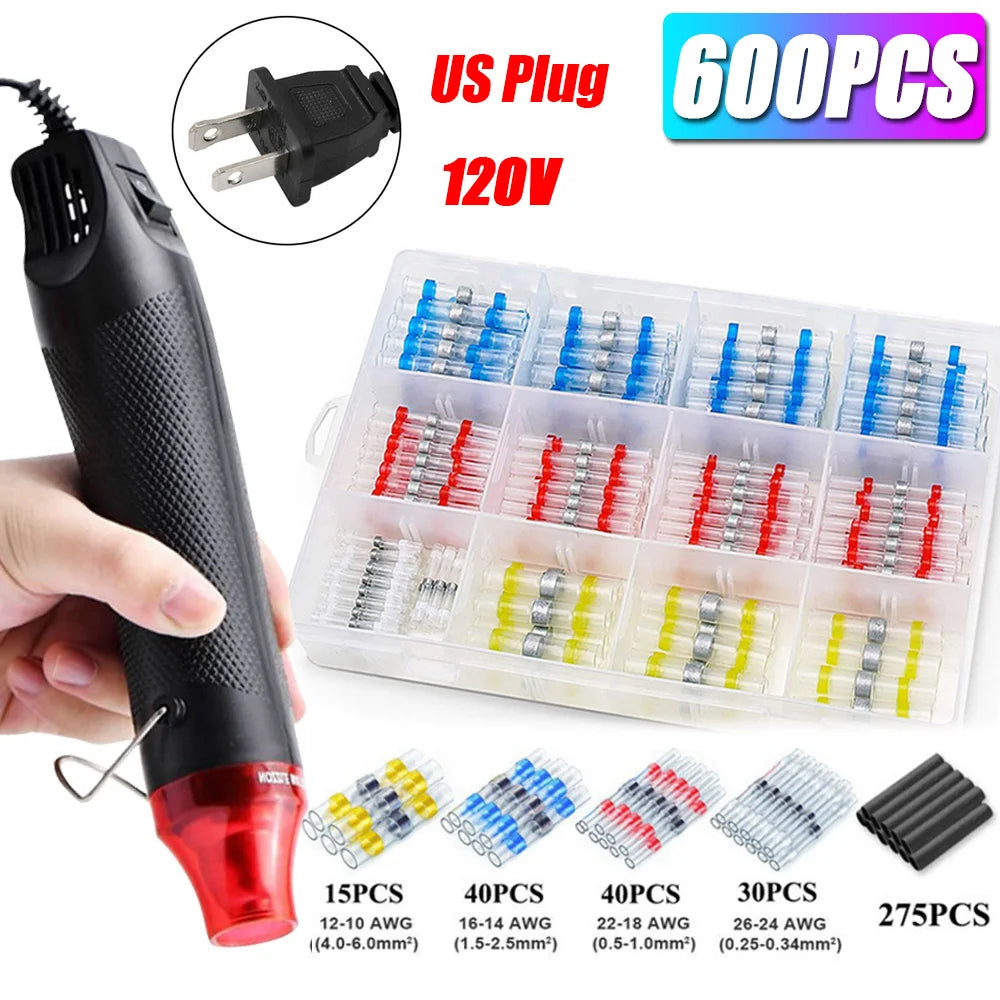 50-1200Pcs Solder Seal Wire Connectors Kit with 300W Heat Gun Waterproof Heat Shrink Butt Terminals Electrical Splice Set